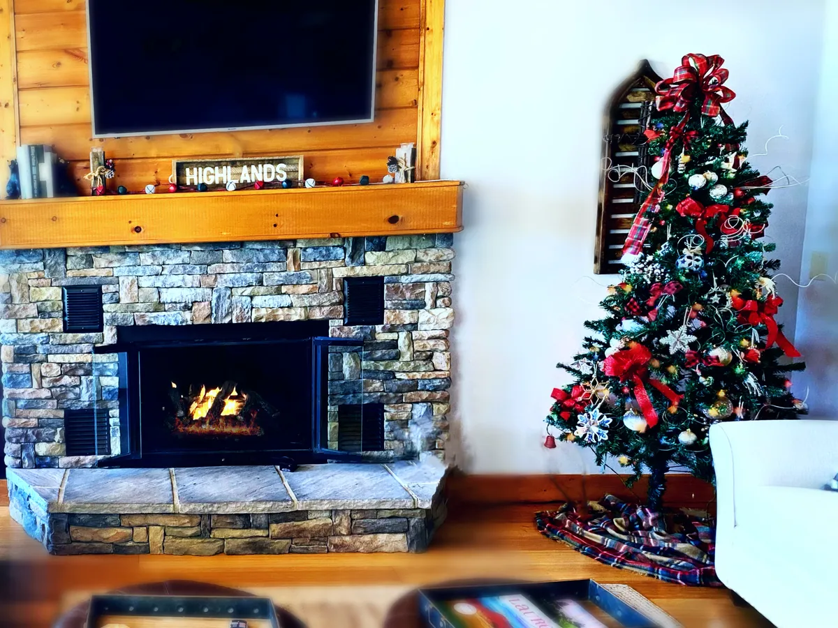 The image centers on a cozy interior living space with a gas fireplace as the focal point. A Christmas tree adds a seasonal, festive touch, while decorative accents and a TV provide a glimpse into family gatherings and relaxing evenings. The overall mood is warm and inviting, with the glow of the fire promising comfort on chilly mountain nights.